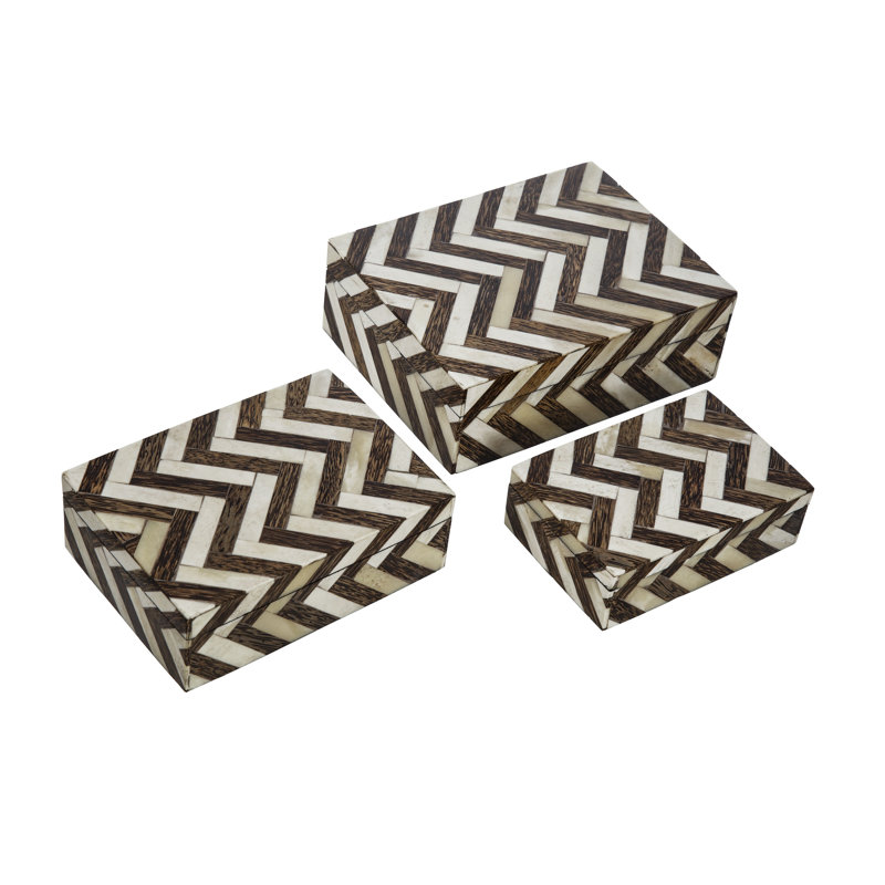 S/3 Brown and White Bone Inlay Boxes with Zig-Zag motif