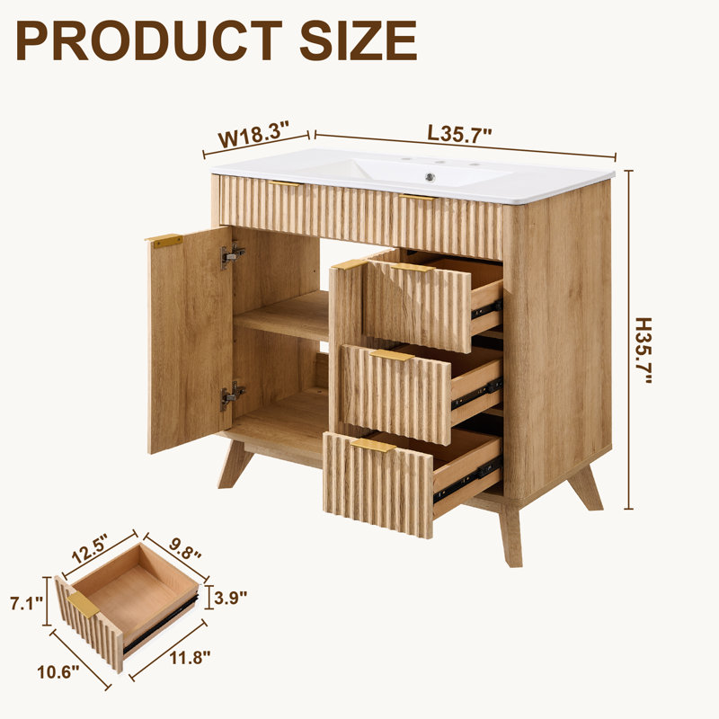 36" Freestanding Bathroom Vanity With Ceramic Sink, Natural Oak
