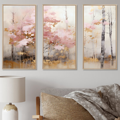 Minimalism Pink And Gold Forest - Forest Canvas Wall Art Set