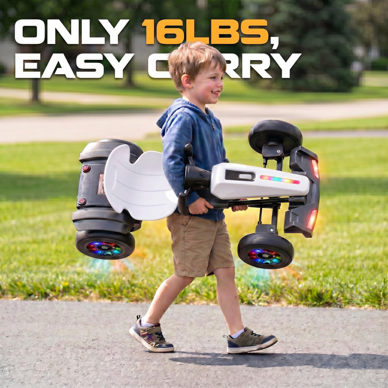 Kart électrique pliable 12V avec roues lumineuses pour enfants de 3 à 6 ans, Blanc