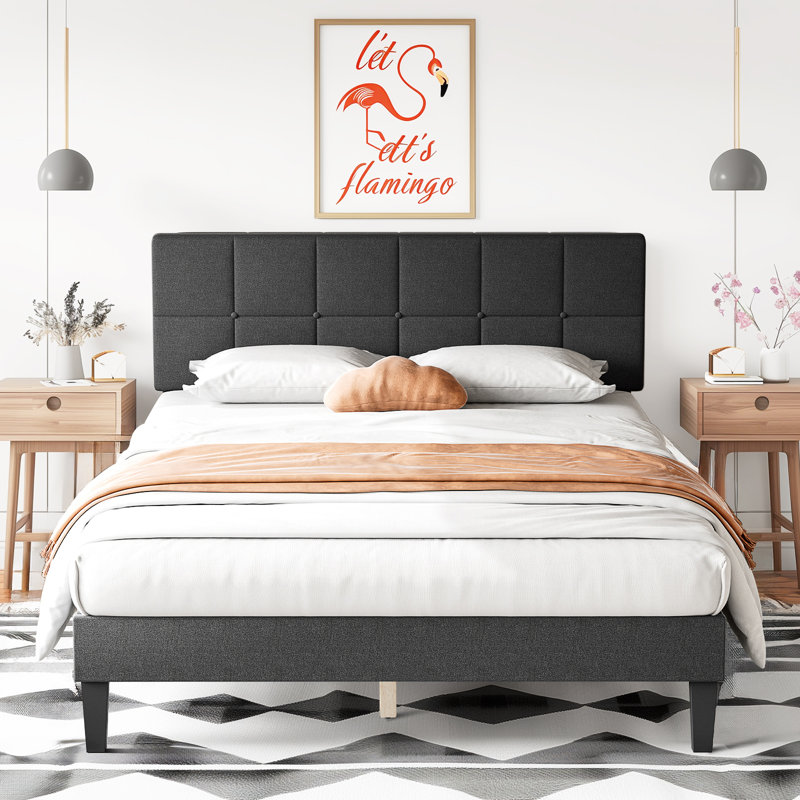 Platform Bed Frame with Upholstered Adjustable Headboard, No Box Spring Needed, Dark Gray, Queen