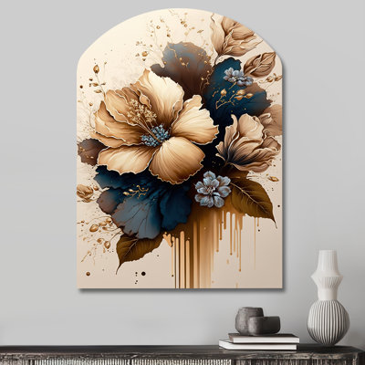 Brown And Blue Hibiscus Bouquet III - Asymmetrical Hibiscus Metal Wall Art, Arch Metal Wall Sculpture Print