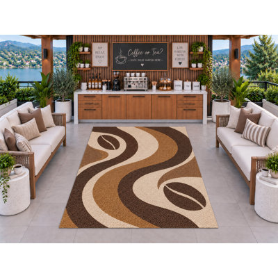 Tapis d'extérieur 5' x 7' à motif de grains de café et vagues fluides, en PVC épais, imperméable et bouclé, tapis de patio robuste, tapis intérieur/extérieur à séchage rapide pour cuisine, porche, terrasse, balcon et entrée.