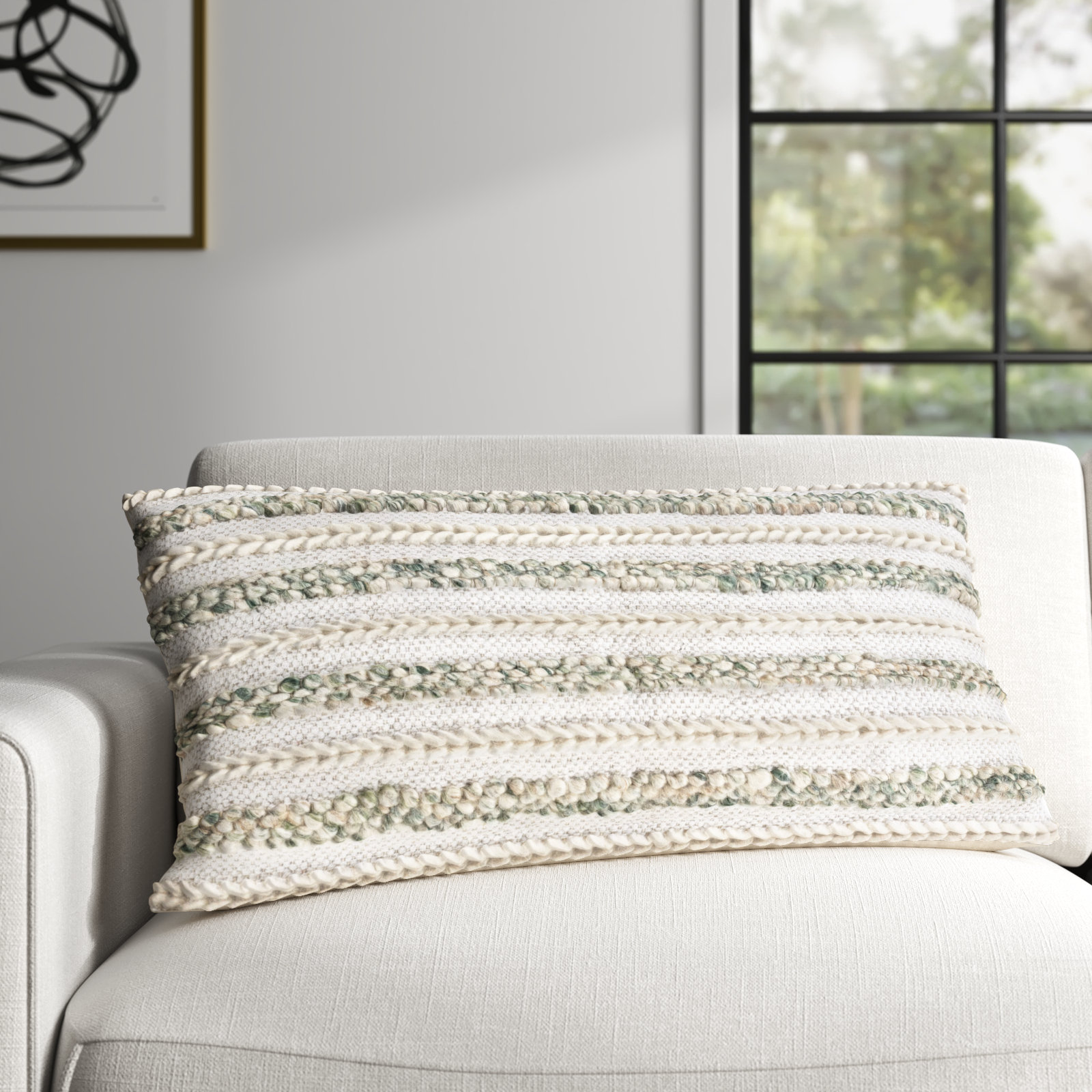 Lottie Striped Cotton Lumbar Pillow Cover, Cream/Emerald, Pillow Cover Only - No Insert