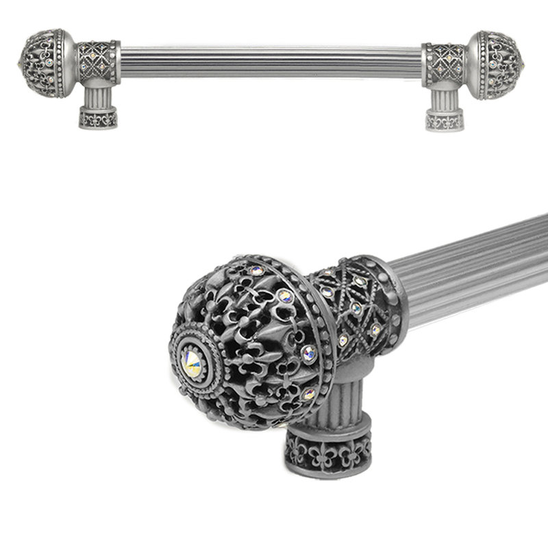 Carpe Diem Hardware 7648R-11AB Versailles Satin Fleur De Lys 12 inches c.c. long pull large finial with Swarovski Crystals with 5/8 reeded center in Satin