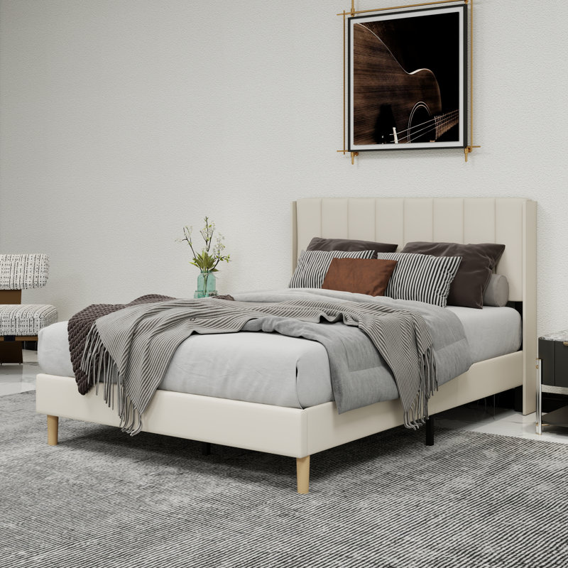 Upholstered Platform Bed With Headboard, Beige, Full