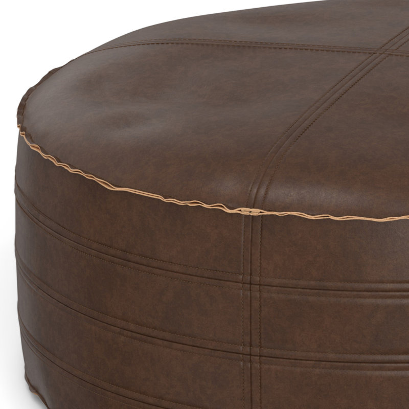 Brody 32"W Vegan Leather Round Coffee Table Pouf, Distressed Dark Brown Faux Leather