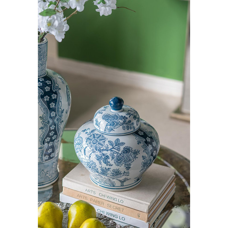 Porcelain Lidded Jar with Floral Patterns - 9"Dia. x 9" - Blue /White