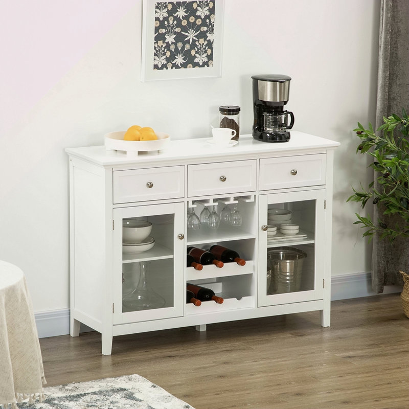 Armoire à café avec 3 tiroirs, porte-bouteilles de 6 bouteilles, porte-verres à pied, porte en verre, armoire buffet, armoire à vin