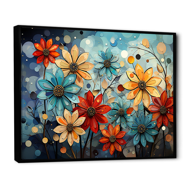 «Cubist Zinnias Flowers Collage» sur toile, Cadre flottant noir, H 12 po x l 20 po x P 1 po
