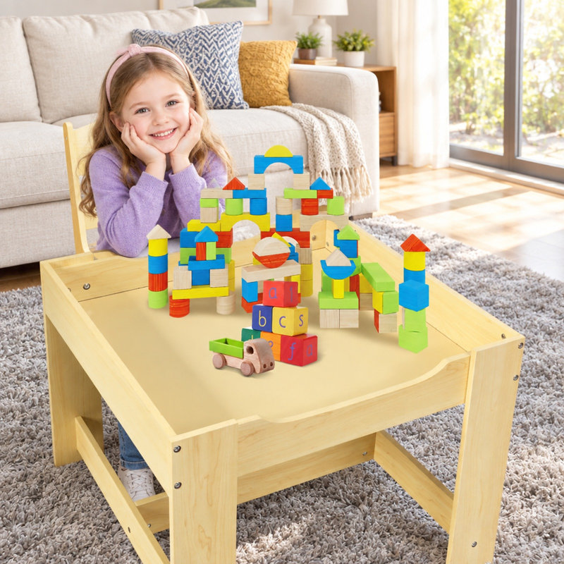 Ensemble de 3 tables d'activités pour enfants et 2 chaises avec tableau noir réversible et plateau blanc, tiroirs de rangement et bacs, naturel