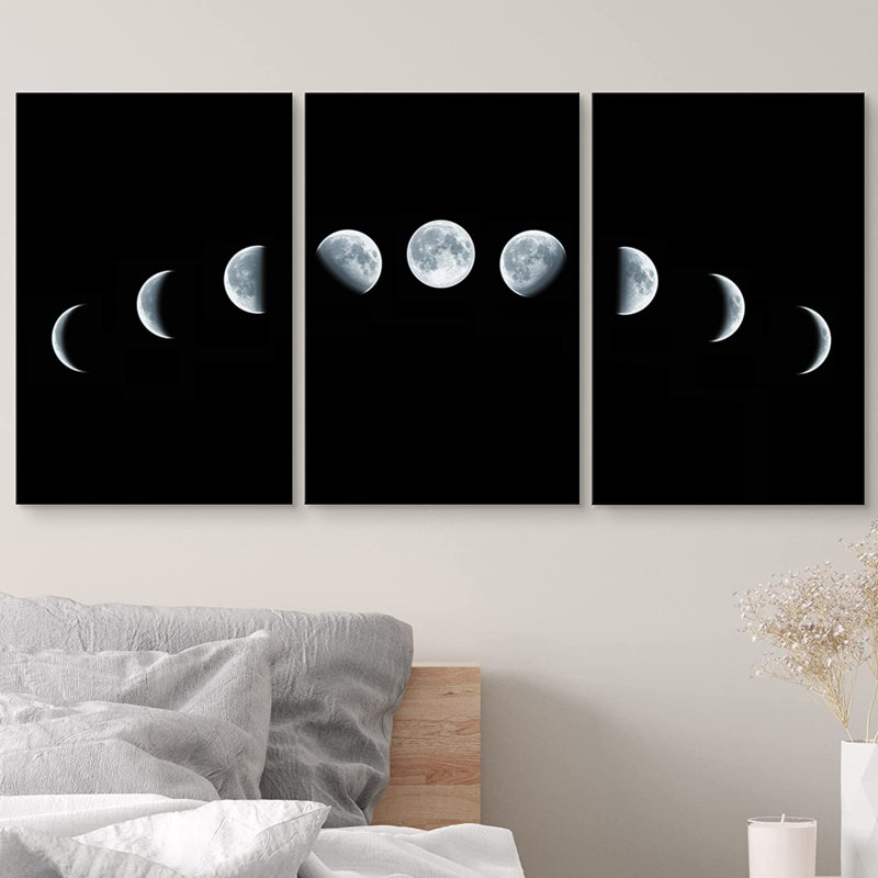 Neuf Phases du cycle complet de croissance de la lune isolé sur fond noir - 3 pièces, reproduction sur toile tendue