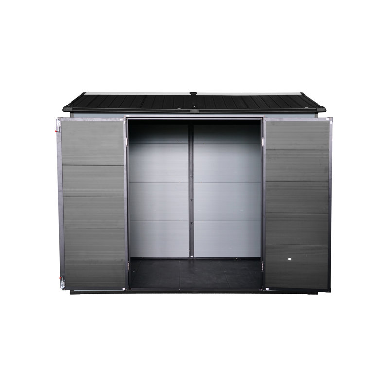 Remise extérieure en résine 8 po x 4 pi avec plancher, 2 fenêtres, porte verrouillable, adaptée aux outils de jardinage et aux poubelles, gris et noir, corrosion, structure en acier galvanisé, rangement en plastique et deux