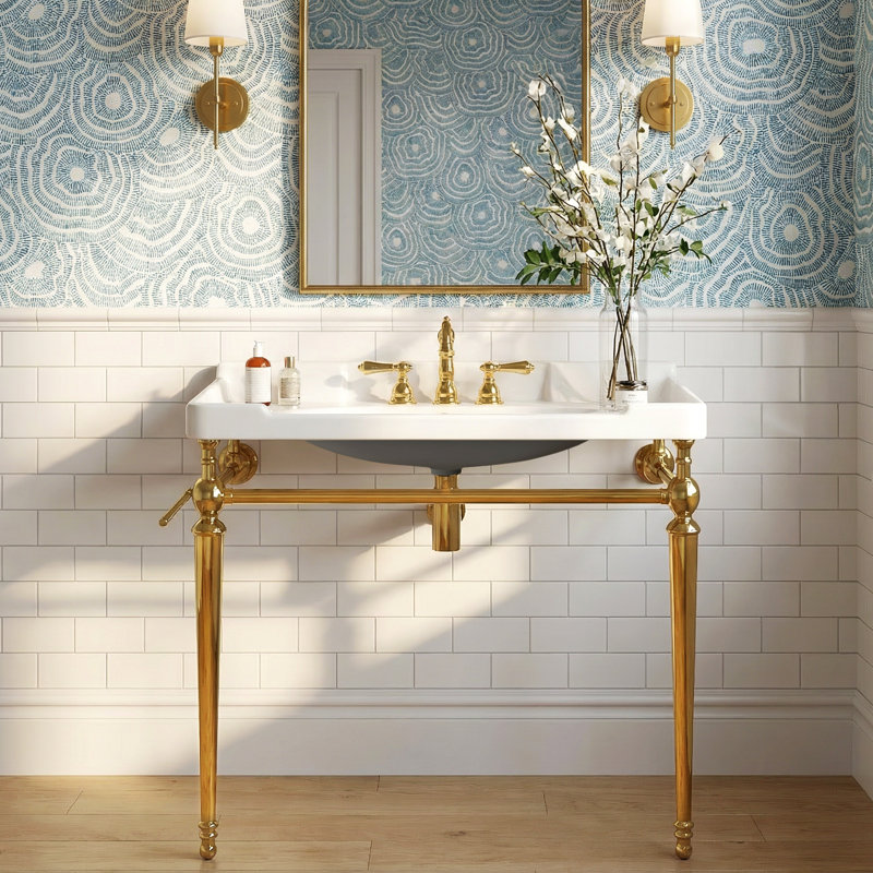 Corbin Wall-Mounted Ceramic Sink with Stainless Steel Legs, White, Gold, 36"