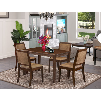 Kitchen dining set consists of a wooden table with Antique Walnut top and stackable chairs with brown textured Polyester Fabric - Antique Walnut