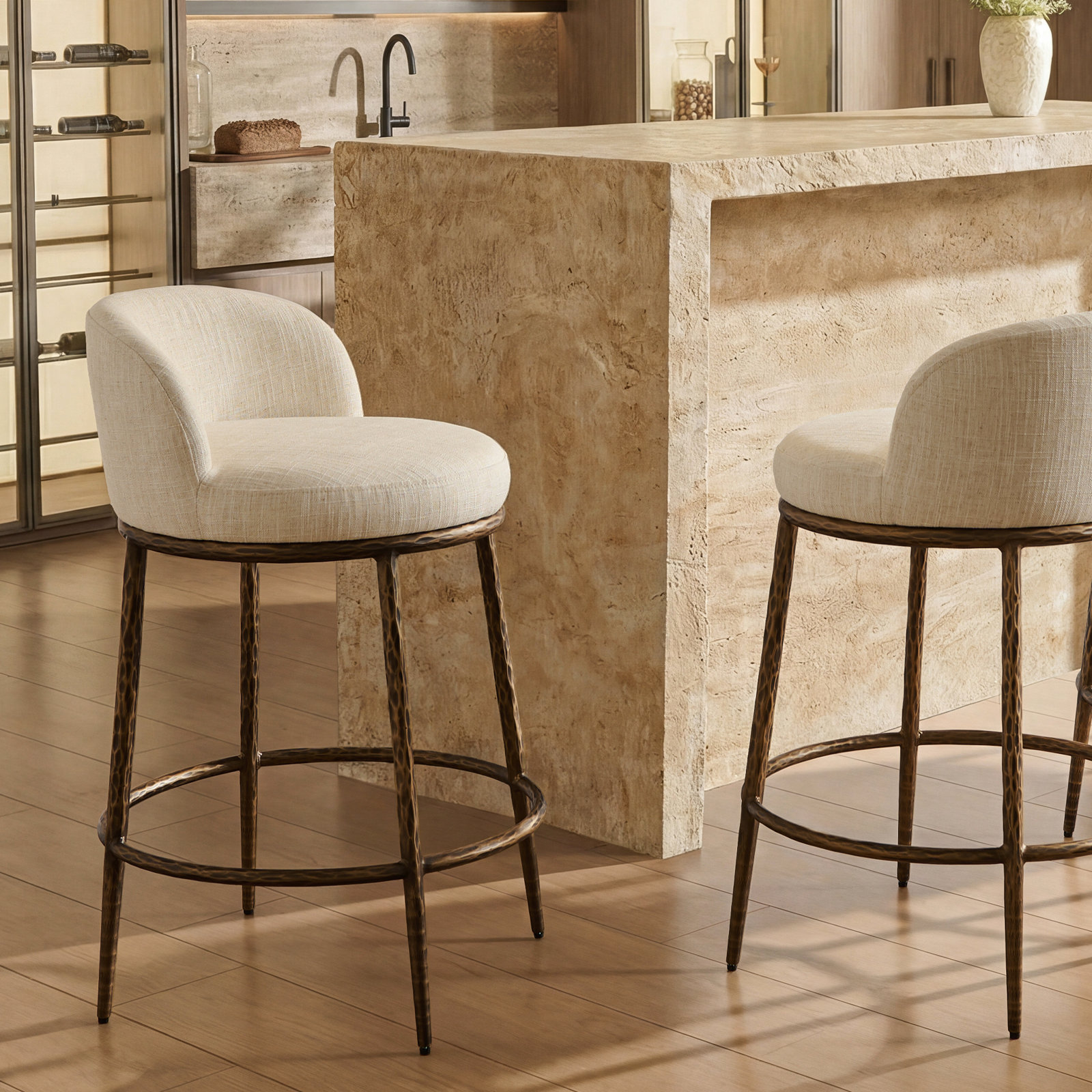 26.5" Modern Glam Upholstered Bar Stool with Hammered Metal Legs & Curved Low Back for Kitchen Island, Bronze Hammered