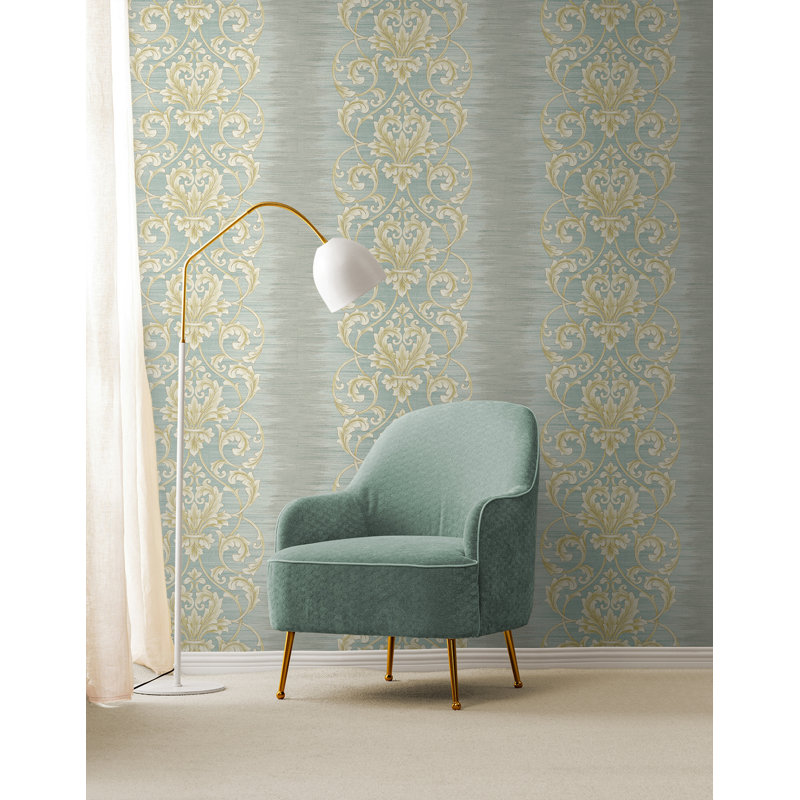 Seabrook Designs Metallic Ombre Stripes & Scrolls Unpasted Wallpaper, Blue Smoke/Tan