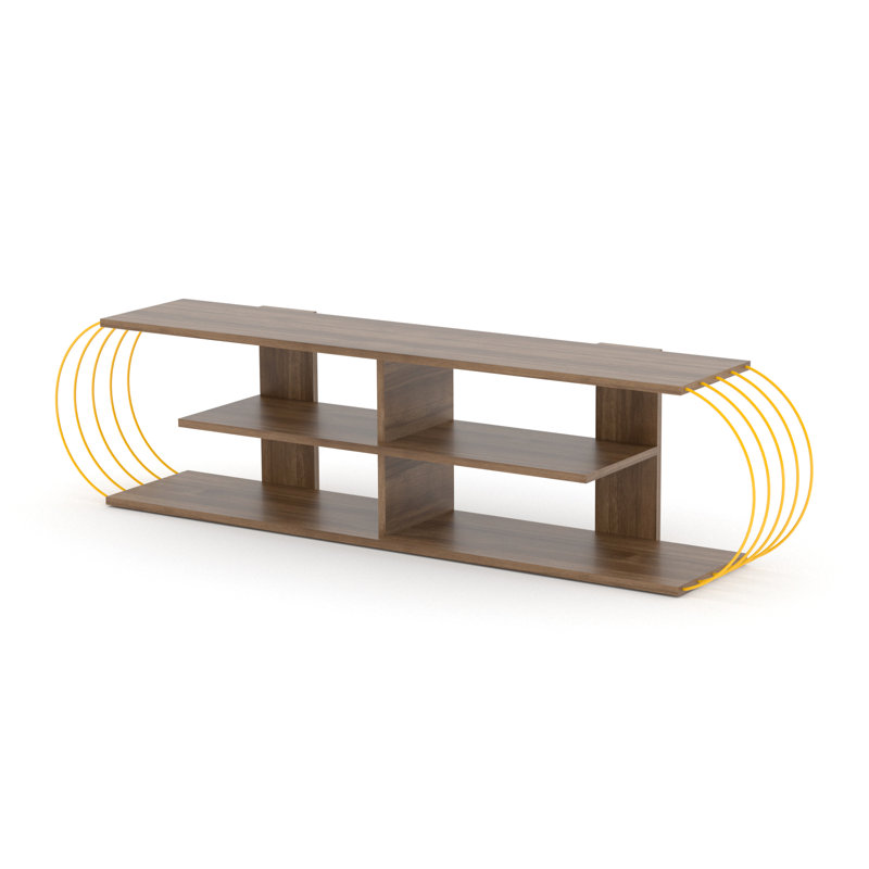 Meuble télé 68 po avec rangement ouvert, meuble Mid-Century moderne, centre de divertissement à 4 tablettes, rangement en bois massif noyer / jaune