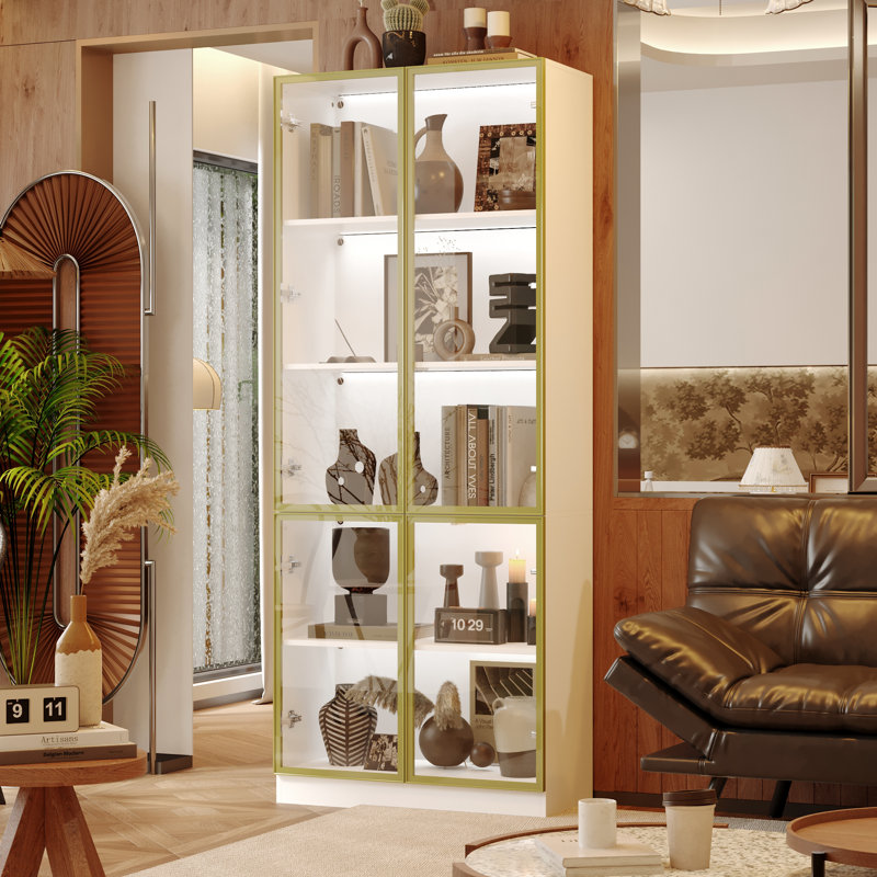 5-Shelf Display Cabinet With Adjustable Lights And Tempered Glass Door, White