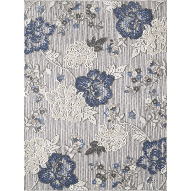 Floral Machine Woven Indoor / Outdoor Area Rug, Rectangle 7'10" x 9'10", Gray