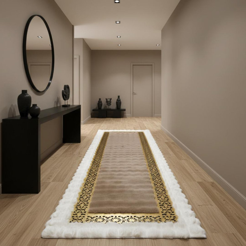 White And Brown Plush Runner, Gold Border Hallway Rug,, Rectangle 9' x 12'