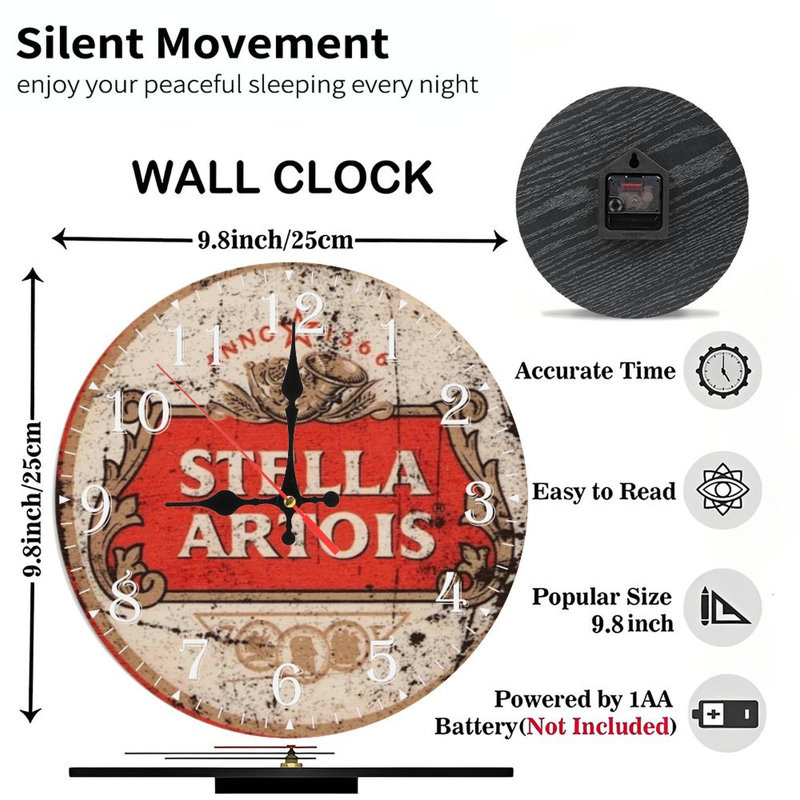 Horloge murale en bois 10 po, mouvement silencieux, à piles (piles AA non incluses), décor artistique, parfait pour les décorations