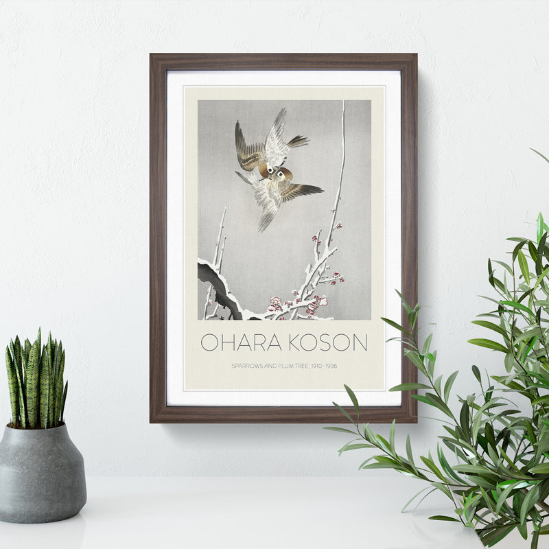 Sparrows & Plum Tree by Ohara Koson - Single Picture Frame Print, 36cm H x 27cm W x 2cm D, Walnut Framed
