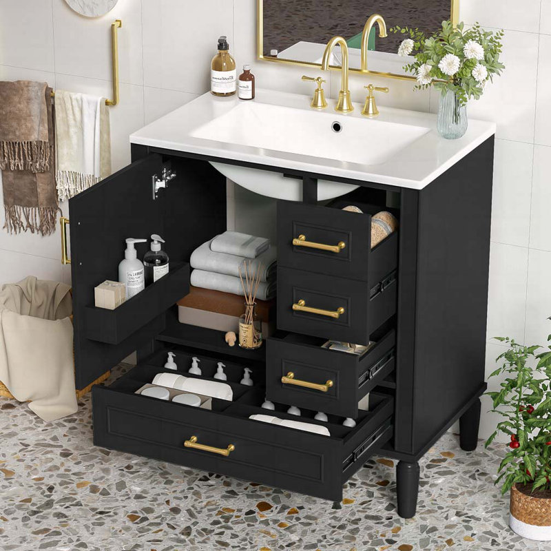 Meuble-lavabo 30 po avec lavabo en céramique, Noir