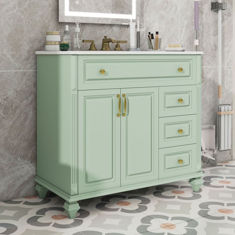 Meuble-lavabo autoportant avec 3 tiroirs, tiroir rabattable, tablette réglable et lavabo en céramique, Vert