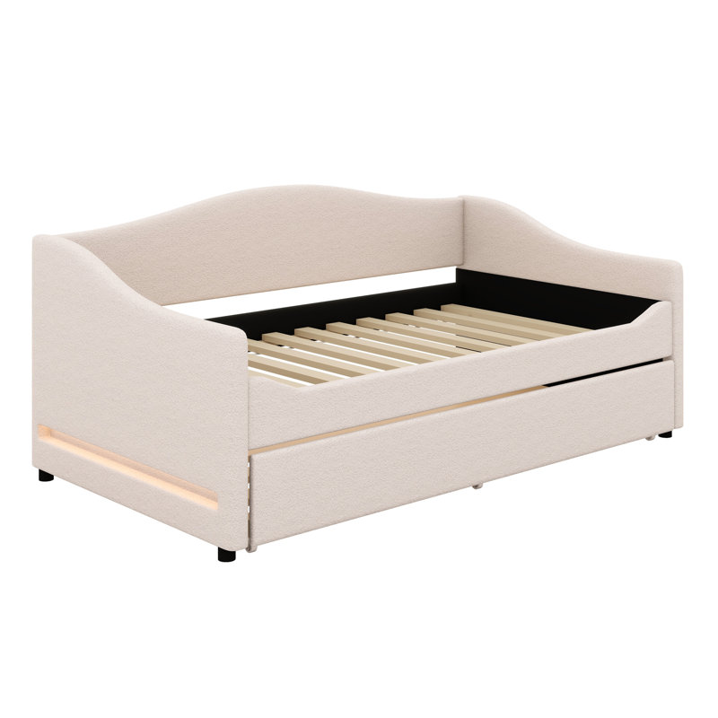 Upholstered Daybed With Light And Trundle, Beige