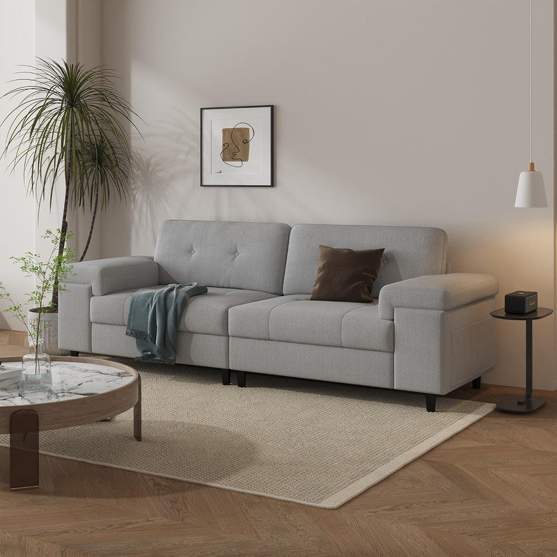 85" Modern 3-Seater Chenille Sofa, Deep Seat Couch with Adjustable Armrests for Living Room & Bedroom, Gray