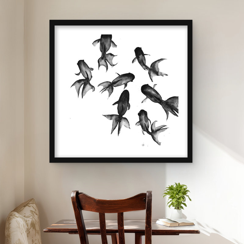 Petits poissons noirs - décor imprimé mat noir asiatique encadré