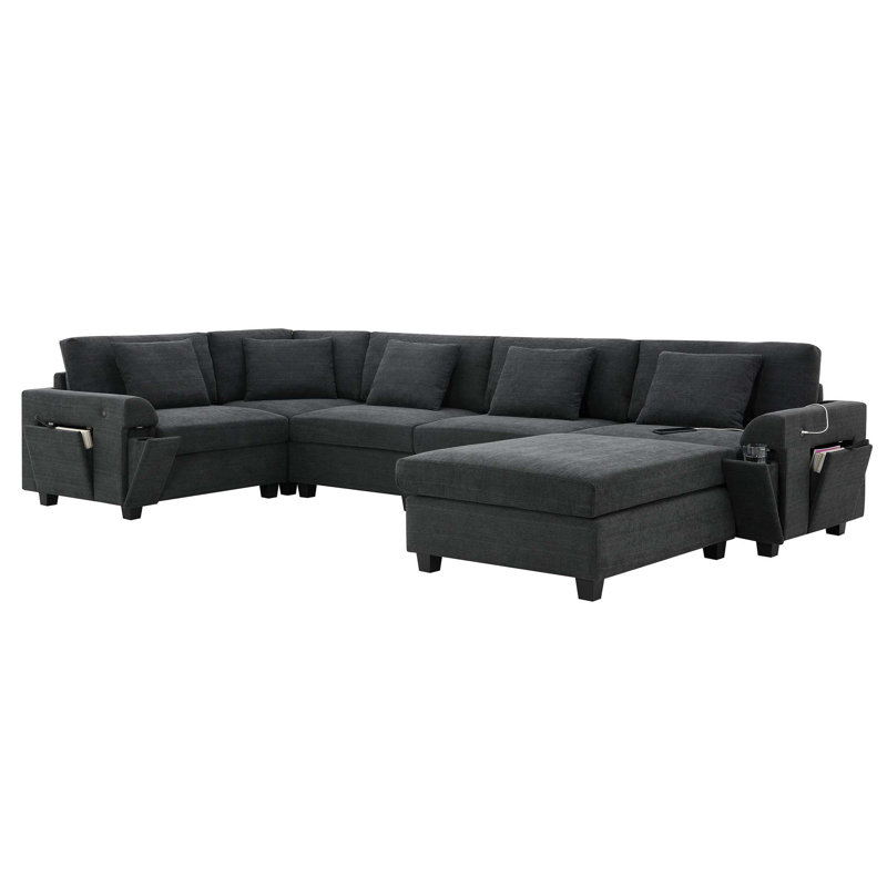 Canapé modulaire en forme de U, ensemble de canapé en chenille 6 places avec repose-pieds surdimensionné, rangement pour accoudoirs cachés et porte-gobelets, ports de chargement USB, canapé à siège large