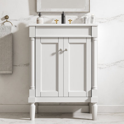 Meuble-lavabo moderne 24 po avec lavabo en céramique et beaucoup de rangement | Armoires à fermeture douce | Assemblage facile | Finition blanche