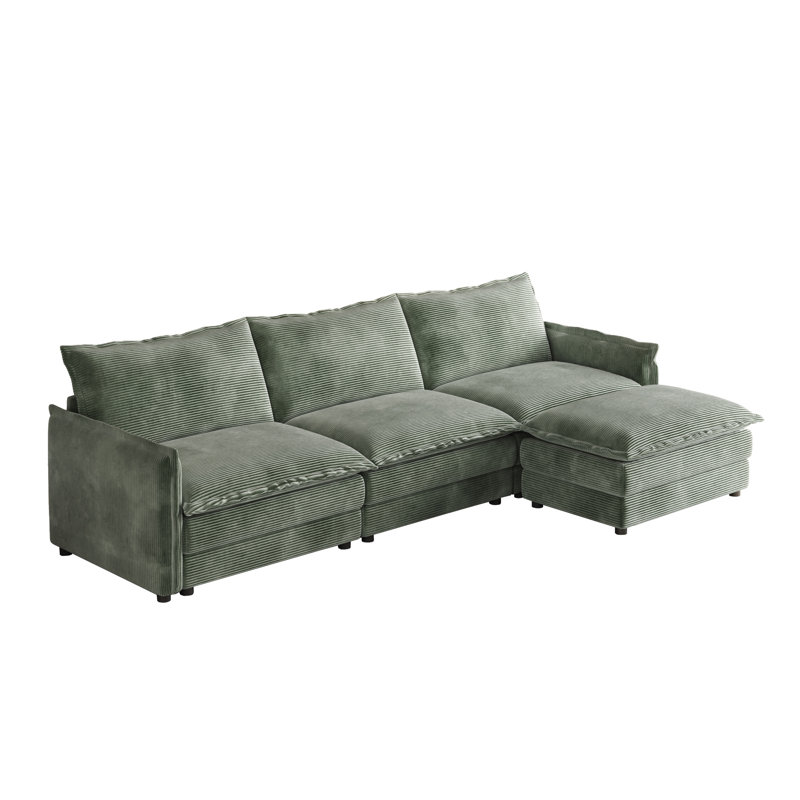109" Sofa With Ottomans, Green Corduroy