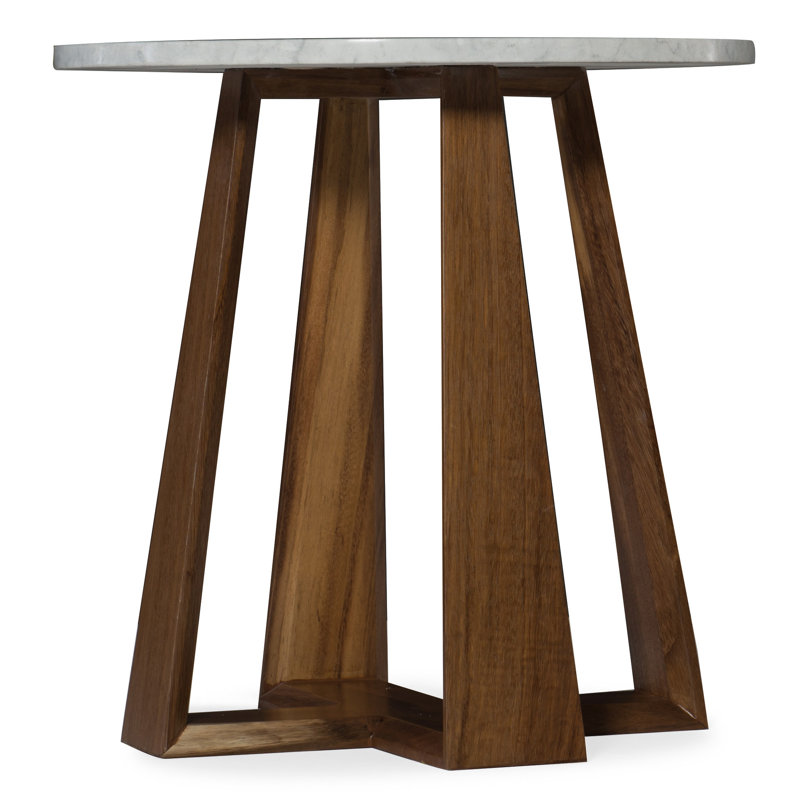 Round Brown Wood and Stone Transitional End Table