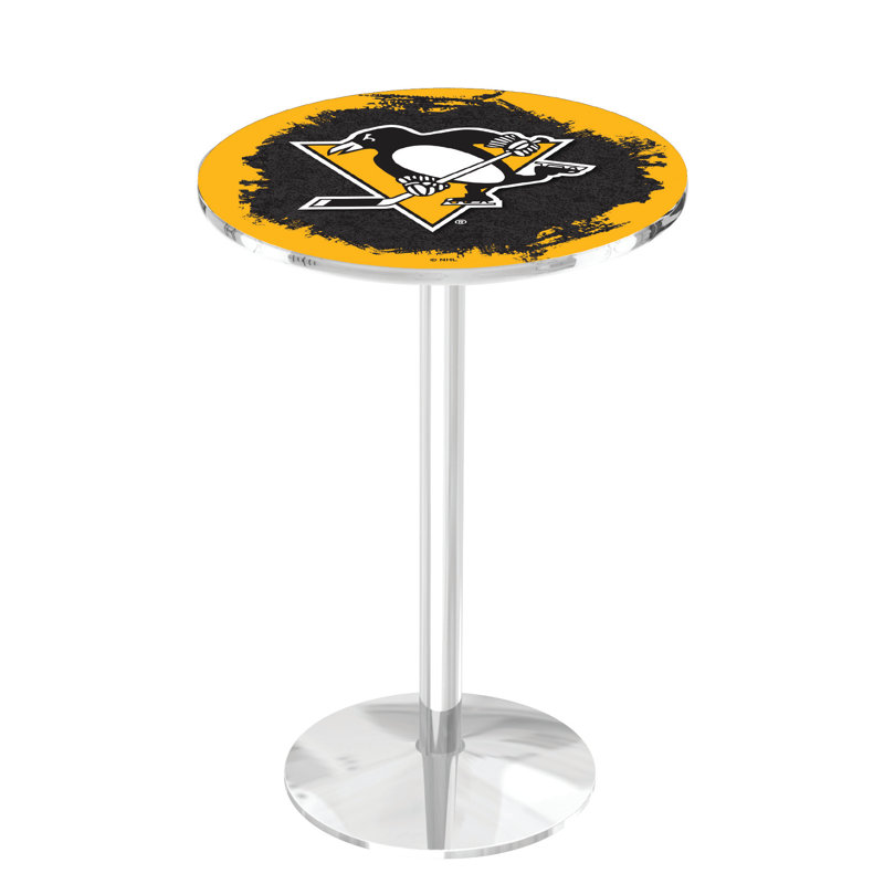 NHL Round Metal Base Dining Table, Chrome, Pittsburgh Penguins
