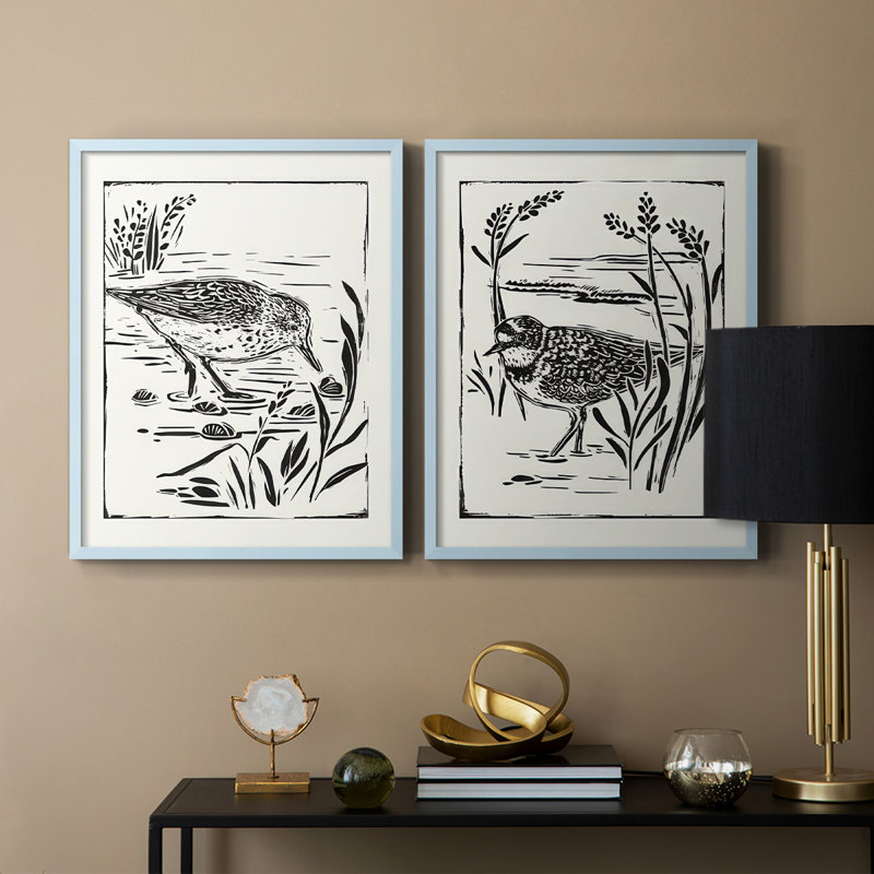 Linocut Style Seabird III - reproduction encadrée de qualité supérieure - prête à être accrochée - aucun clou requis - aucun clou requis