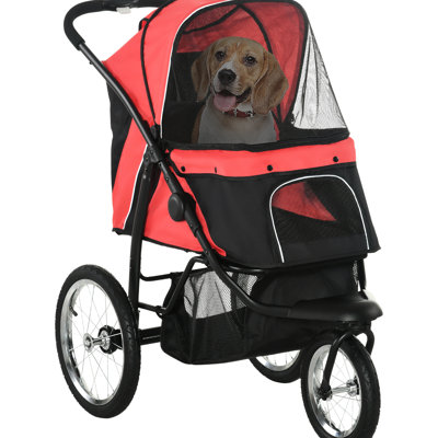 Poussette pliante pour chien 3 grandes roues rouge pour petits animaux de taille moyenne, pliable pour petits chiens