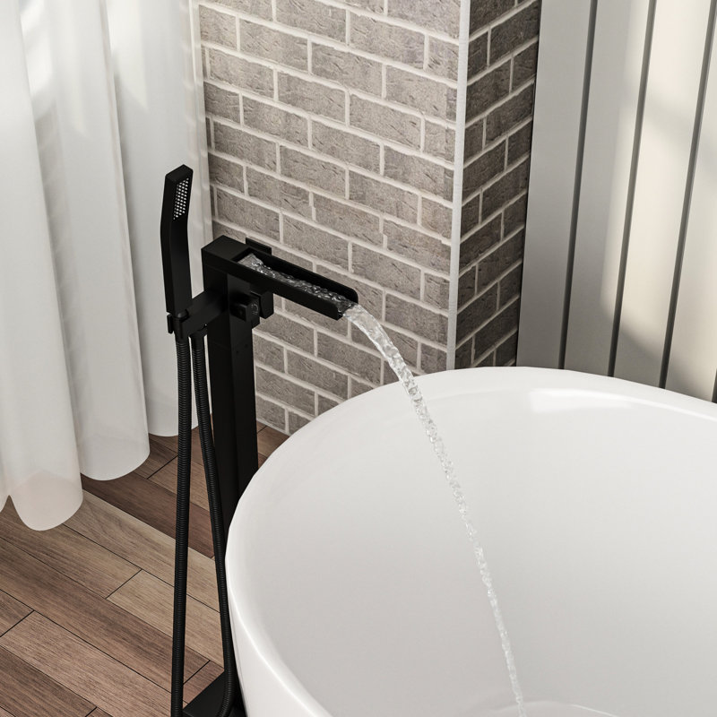 Freestanding Bathtub Faucet With Waterfall Tub Filler And Hand Shower, 360 Rotatable Spout, Dual Temperature Regulation, Brass Base Matte Black Faucet, 59" - Kink Hose, Control For Relaxing Water