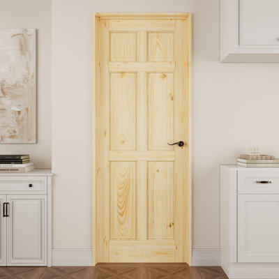 Interior 6‑Panel Pine Wood Door, Colonial Natural Solid Pine Prehung Door, with Jamb Kit, Seal Strip, Left Hand Inswing, Black Hinges & Curve Handle, Unfinished & Paintable Door, for Pantry, Bedroom, Bathroom, Closet & Living Room, 36"x 80"