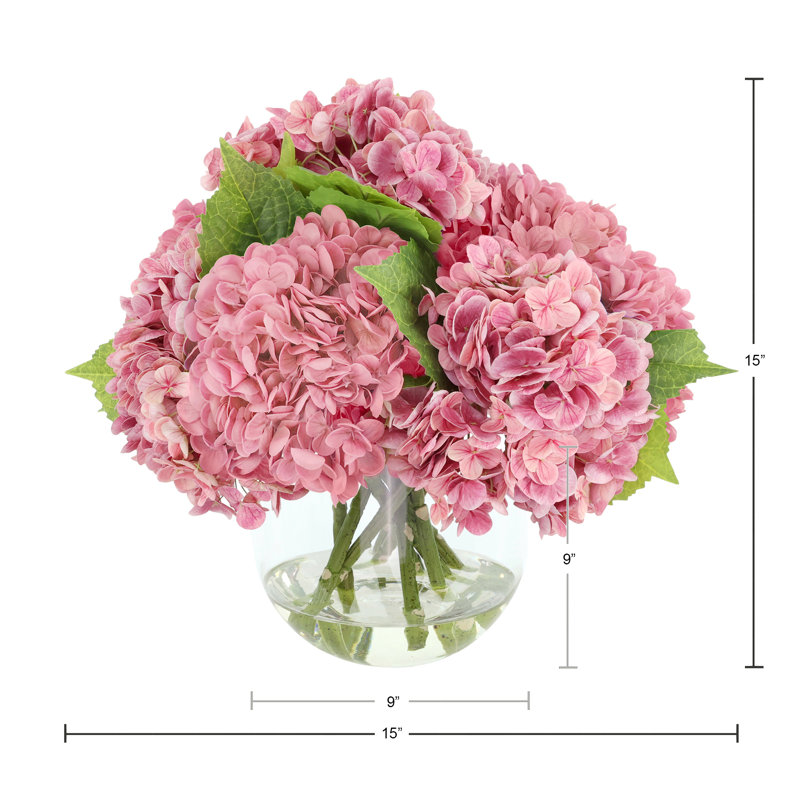 Hortensias disposés dans un vase en verre Real Touch, Rose