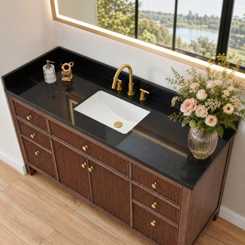Bravon 61. Plan de toilette en granit noir Galaxy avec lavabo simple blanche, 61", Bol simple