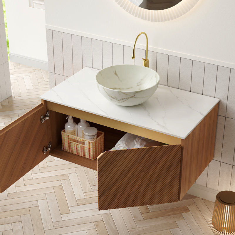 Meuble-lavabo 36 po, meuble de rangement flottant en contreplaqué, portes doubles en sergé avec garniture en métal, vasque en céramique blanche à motif de pierres et plateau en pierre frittée, couleur grain de bois de chêne brun