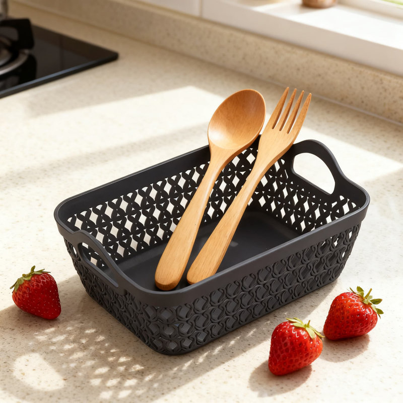 Plastic Storage Baskets With Handles, Ventilated Weave Design Organizer Bins For Home, Office, And Closet Organization, Set Of 12