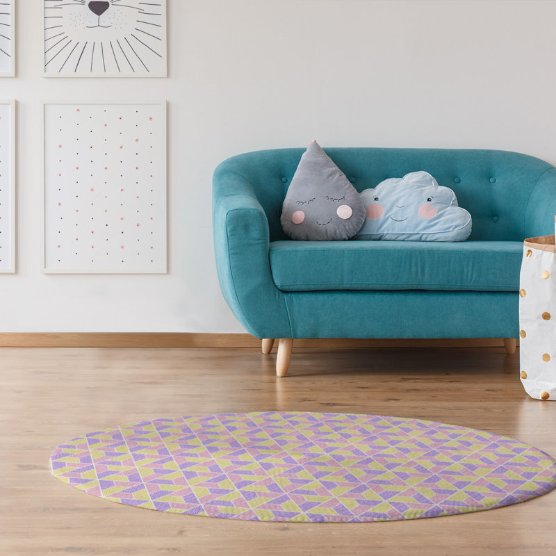 Tapis rose clair/jaune/mauve trapézoïdals, Rond 5 pi