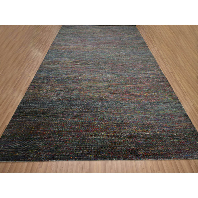 Tapis oriental gris anthracite, moderne, noué à la main 10 pi 2 po x 13 pi 10 po, laine et soie, velours doux ton sur ton, oriental