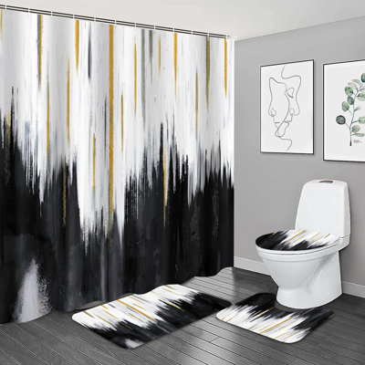 4PCS Black Oil Painting Style Shower Curtain Set With Non-Slip Rugs,Toilet Lid Cover And Bath Mat,Bathroom Decor Accessory Set