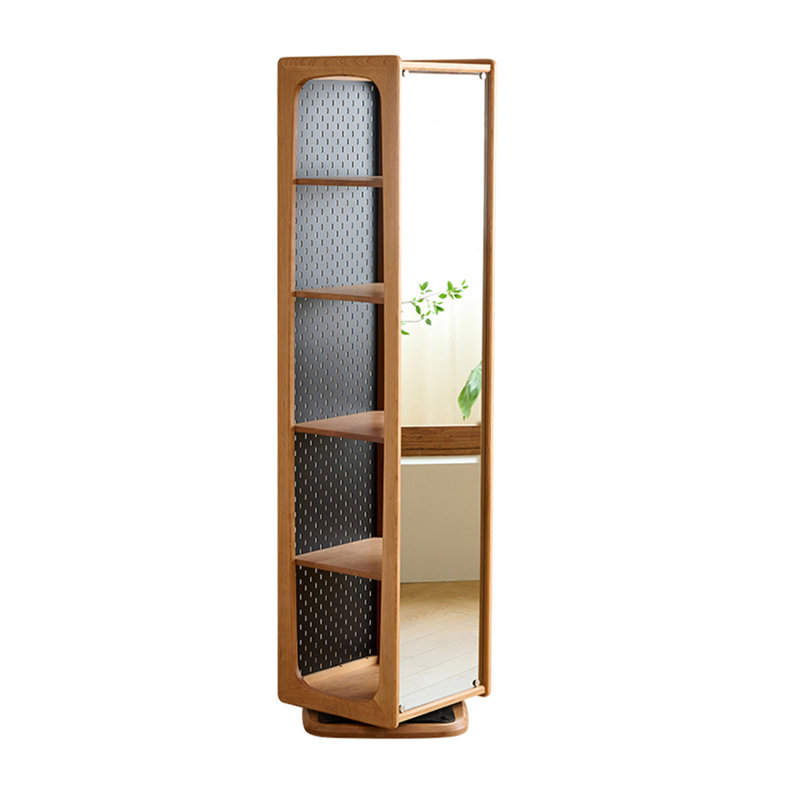 Mid-Century Style Rotatable Storage Cherry Wood Frame Full-Length Mirror
