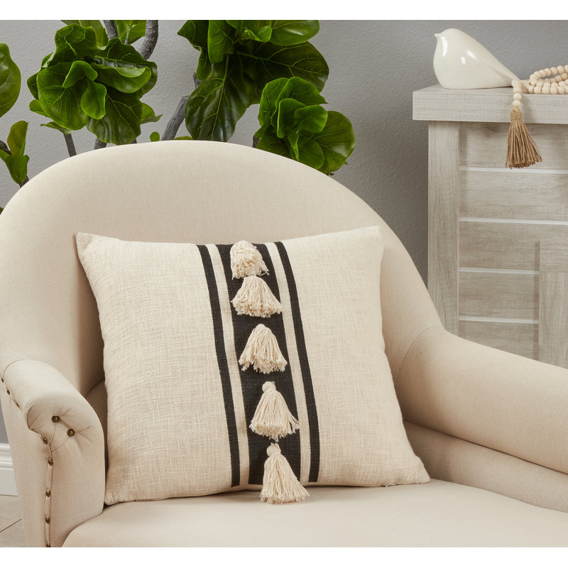 Beige and Black Striped Tassel Square Throw Pillow